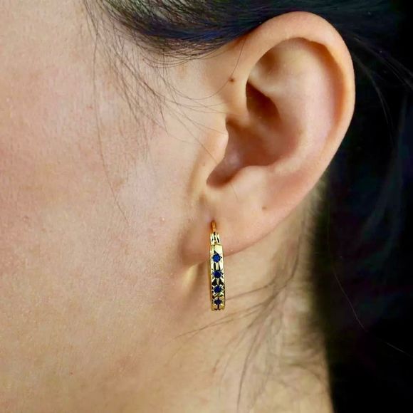 FIVE AND TWO 18K GOLD HOOPS DIAMOND CUT SAPPHIRE CRYSTALS STARBURST HOOPS LOOPS - Picture 15 of 15
